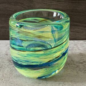 NWL Selkirk Art Glass Green Blue Swirl Votive Candleholder Handmade Scotland 3"